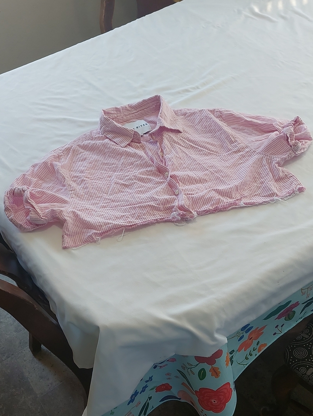 Lola River  Pink Striped Cropped Button-Front  Shirt.Raw Hem
